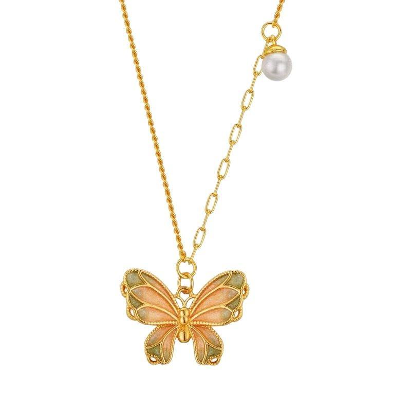 Enamel Oil Drop Butterfly Necklace Women's Light Luxury High Sense New Chinese Style Gradual Change Color Pendant Pearl Collarbone Chain