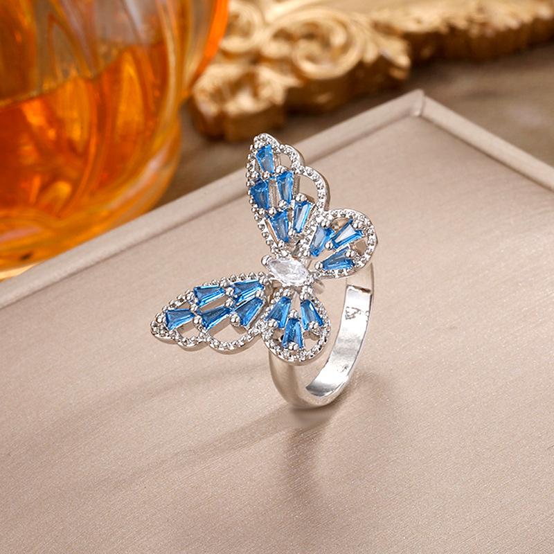 Korean Fashion Rhinestone Butterfly Jewelry Set: Necklace, Ring & Earrings with Zircon Inlay - Fairy Style Elegance for Women.