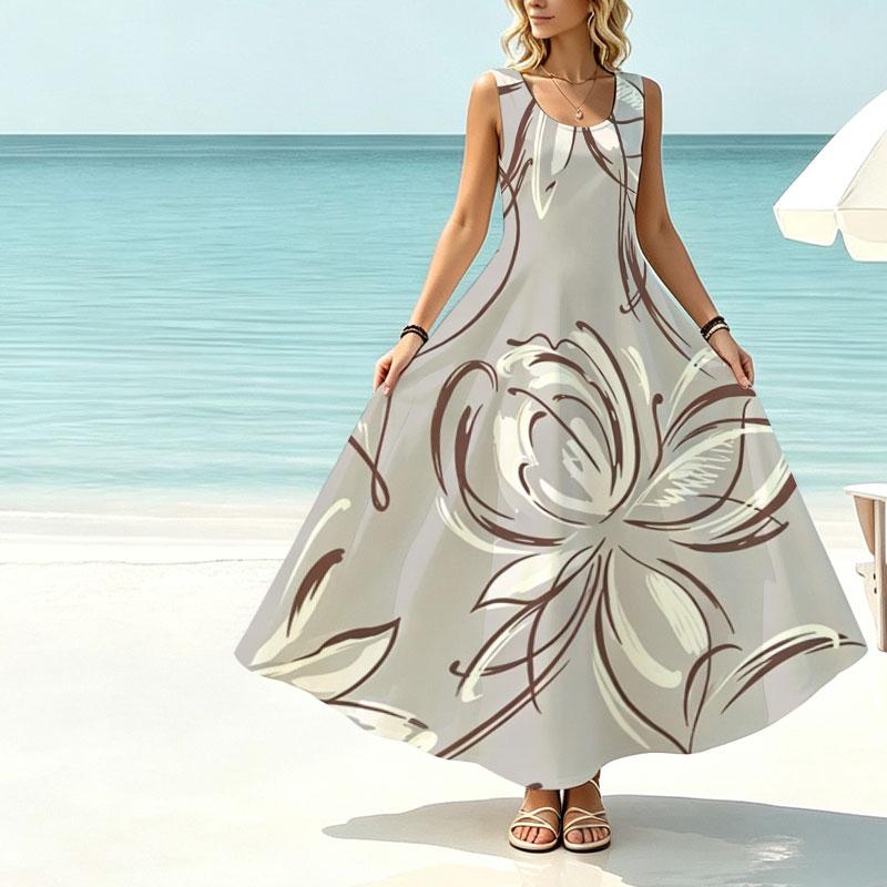 Women Bohemian Floral Sleeveless Summer Dress,Lightweight Flowy Skirt,Elegant Large Print,Beach Vacation,Casual Outings,Summer Parties
