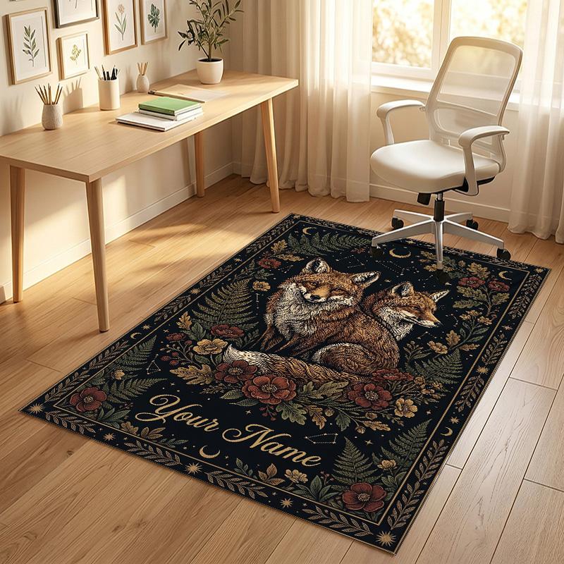 Foxes Moonlit Theme Soft Crystal Velvet Rug Custom Name & Text Print Non Slip Floor Rug for Bedroom Living Room