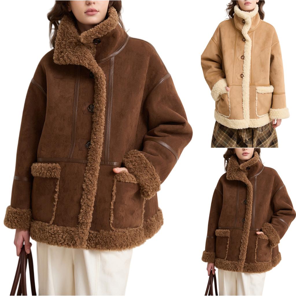 Women's Faux Suede Button Jacket Oversized Gathered Hem Short Length Coat Casual Vintage Outerwear With Pockets