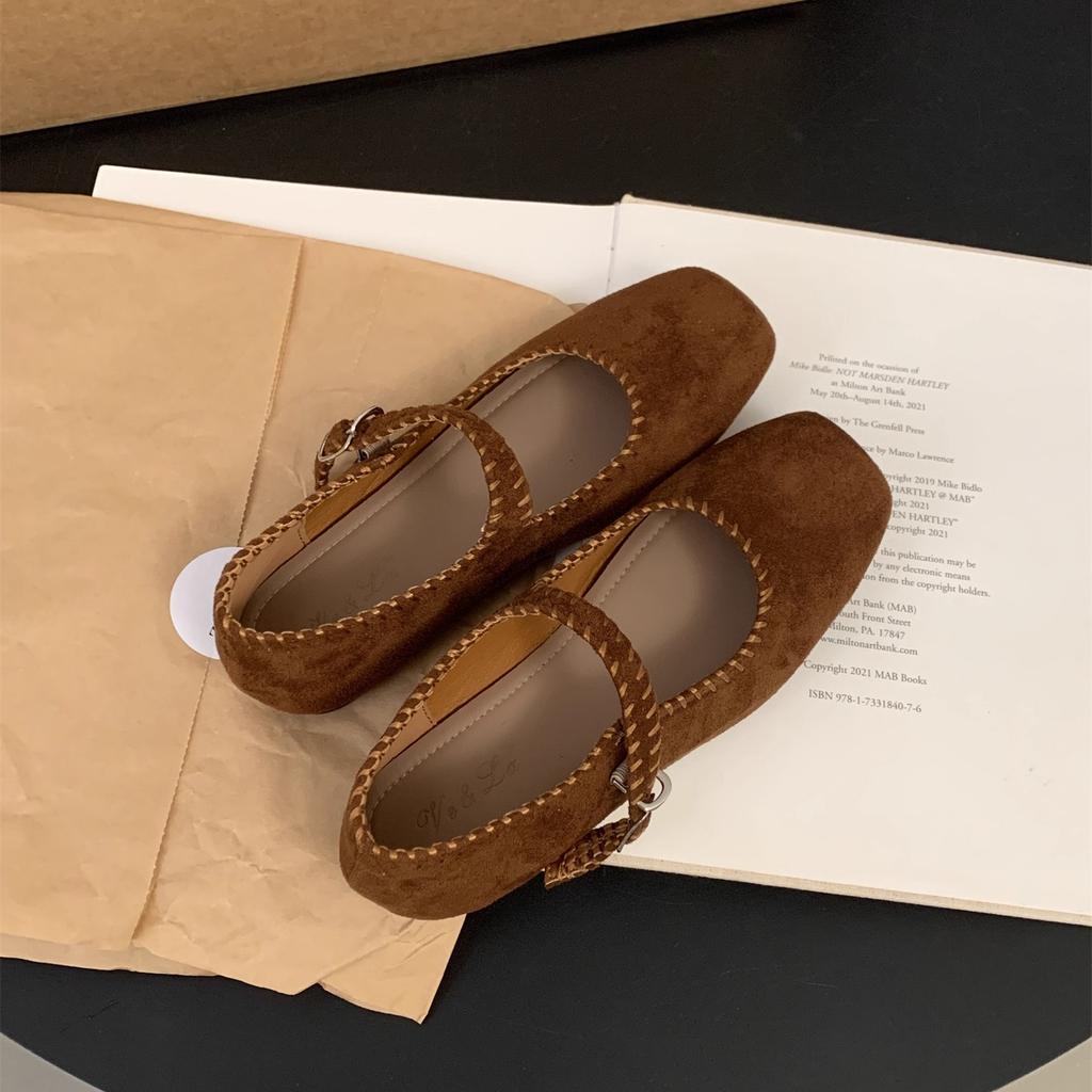 French Suede Ballet Flats Women's 2025 Spring and Autumn New Retro Square Head Casual Flat Mary Jane Single Shoes