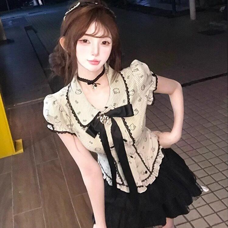 Japanese Sweet College Bow Short Sleeve Waist Shirt Top Women's High Waist Fluffy Cake Skirt Two-piece Set