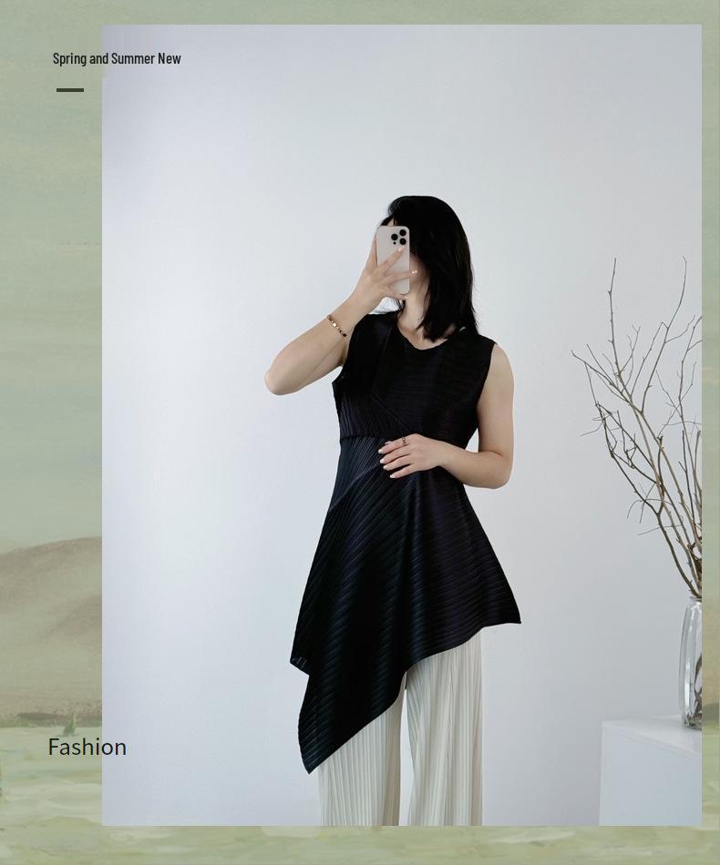 Miyake Pleats PP Irregular Sleeveless Long Dress - Japanese Casual, Waist-Cinched, Slimming, Lightweight Luxury Fashion.