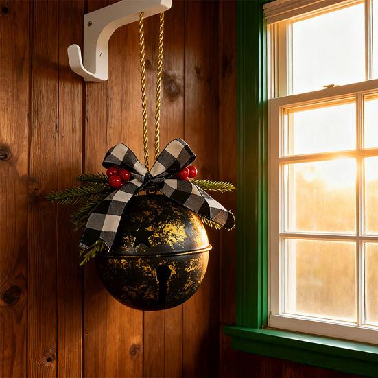 Christmas Bells Ornament Rustic Christmas Jingle Bell with Pine Needles Red Berries Plaid Bow Metal Sleigh Bell Farmhouse Xmas Tree Hanging Decor