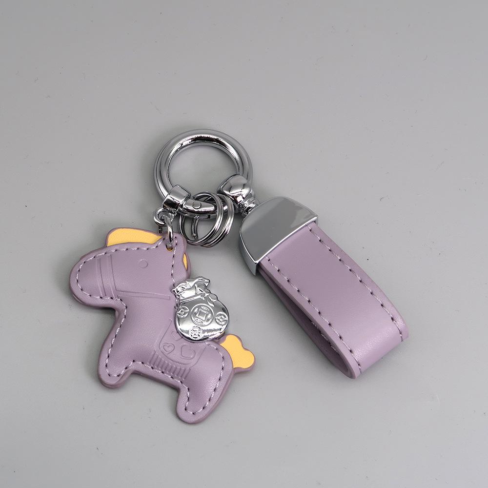 Instant Wealth Leather Keychain with Cartoon Pony Pendant for Couples – Trendy Bag and Car Accessory