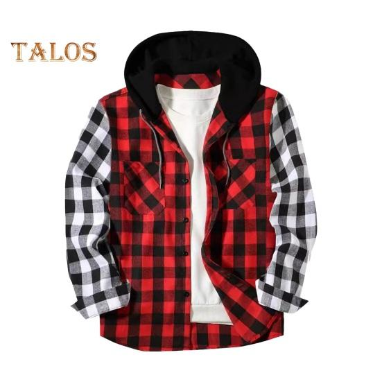 Fall Winter Men Shirt Coat Plaid Print Long Sleeves Chest Pocket Adjustable Drawstring Hood Single-breasted Patchwork Loose Contrast Color Jacket