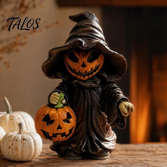 Detailed Resin Halloween Figure Witch Statue with Pumpkin, Cute in Pointed Hat & Black Robe, Gothic Desktop Ornament Tabletop Decor for Desk