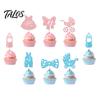 Bow Tie And Stroller Cake Toppers 12Pcs Boy Girl Birthday Toppers, Baby Themed Cupcake Picks with Glittering Theme Party Supplies Bottle, Stroller,