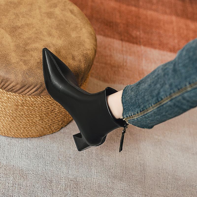 High-heeled Pointed Short Boots Women's Spring and Autumn Single Boots 2025 New Thick-heeled Thin Boots Rear Zipper Medium Tube Fashion Boots