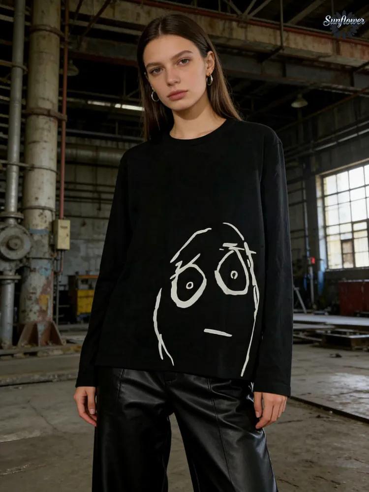 Women's O Neck Long Sleeve T-Shirt Loose Fit Casual Cartoon Print Cotton Top