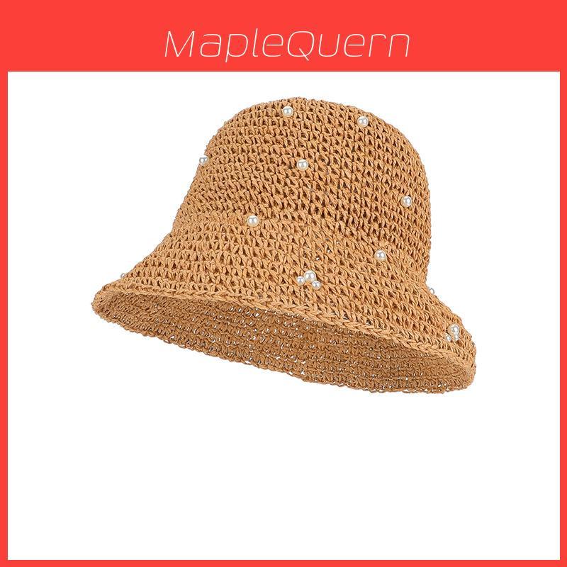 Chapeau de Paille d'Été pour Femmes avec Décor Perles et Large Bord Pare-Soleil pour la Protection Solaire en Extérieur