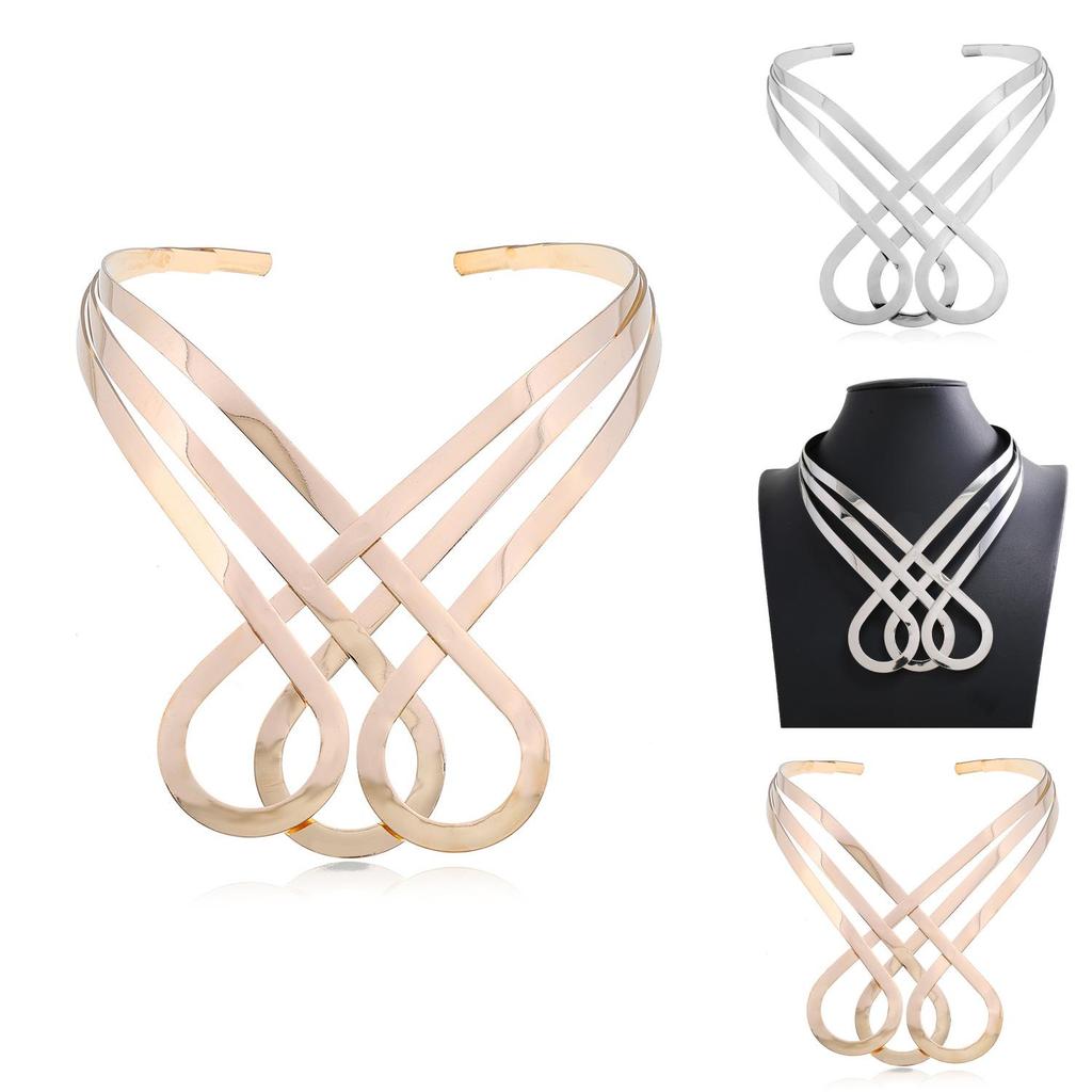 Geometric Metal Choker Necklace With Water Wave Chain For Punk Fashion Enthusiasts