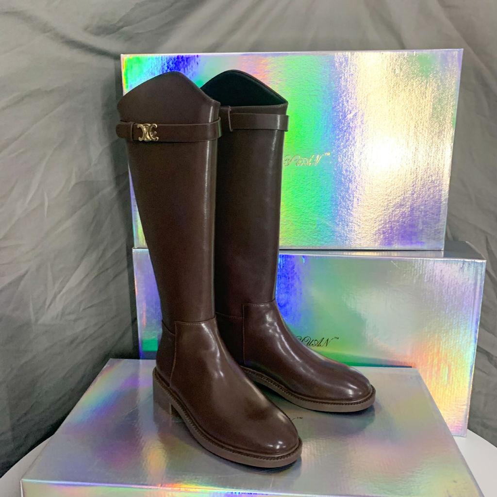 Korean Version of Cowhide Oblique Arc De Triomphe Buckle with Thick Heel Tall Knight Boots Autumn and Winter