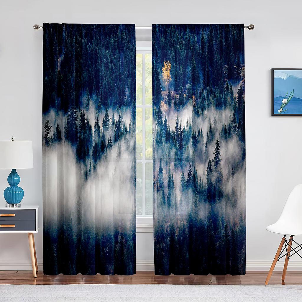 Trees Forest Mystic Foggy Nature Woodland Sheer Voiles Curtain for Living Room Bedroom Kitchen Decor Tulle Curtains Window Drape