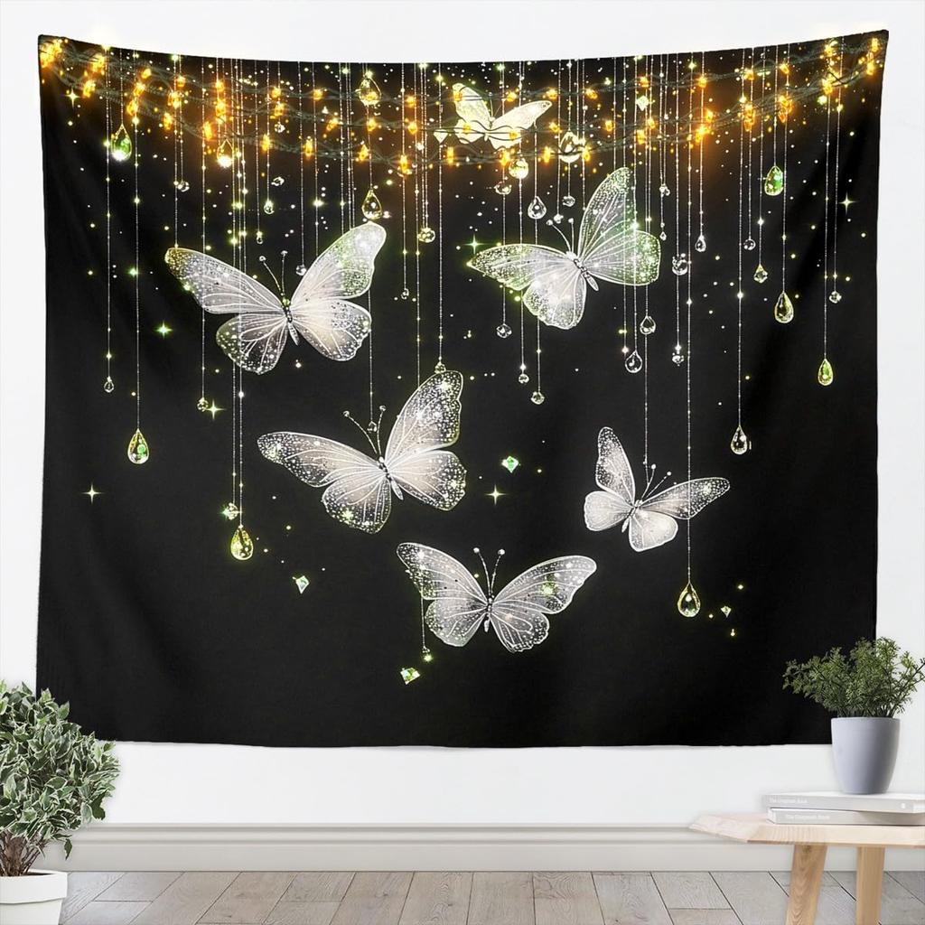 Butterfly Tapestry Glitter Diamonds Print Wall Art Luxury Elegant Blue Wall Hanging Blanket for Living Room Bedroom Home Decor