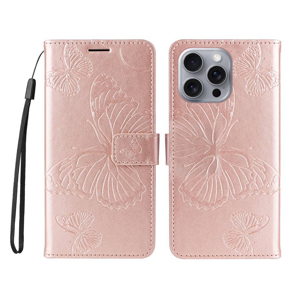 For iPhone 16 Pro Max Wallet Case Floral Butterfly Imprinted Leather Phone Cover Stand