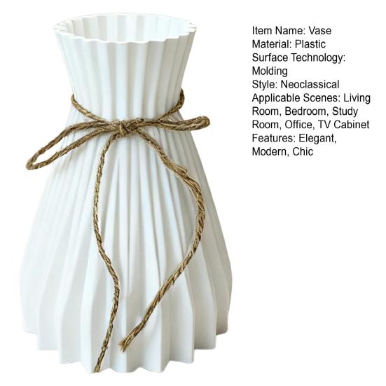White Faux Ceramic Vase for Living Room Bedroom Kitchen Home Decor Ribbed Design Decorative Flower Holder with Jute Rope Bow for Bouquet Pampas Grass