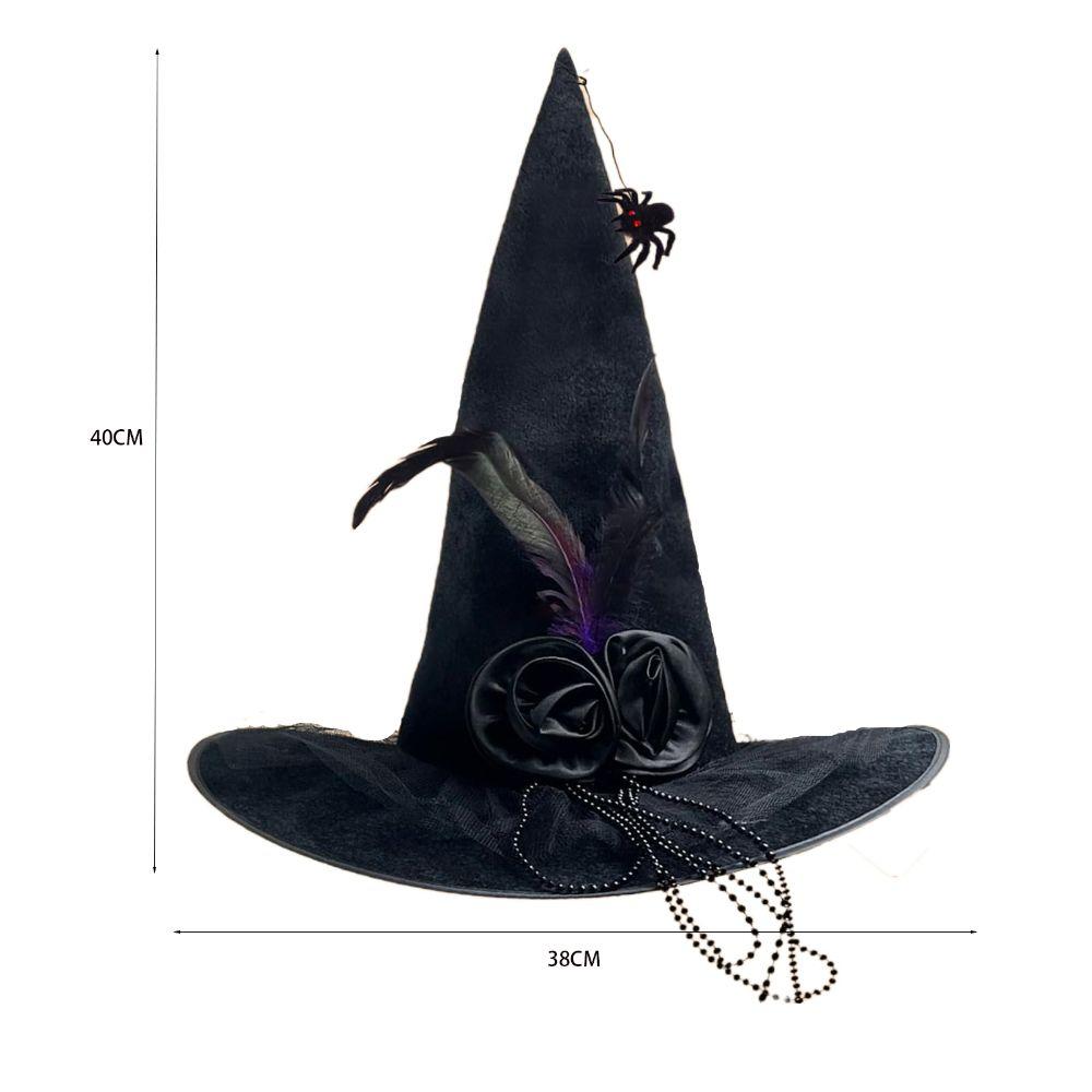 Black Spider Halloween Witch Hat With Black Veil Flower Feather Comfort Witch Costume Accessories Knit Pleated Wizard Hat