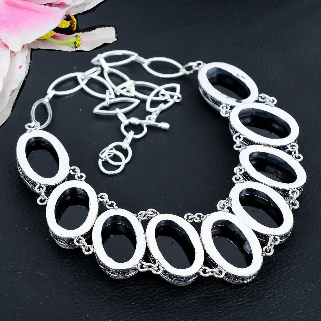 Black Onyx Gemstone Handmade 925 Sterling Silver Jewelry Necklace 18" KG-1647