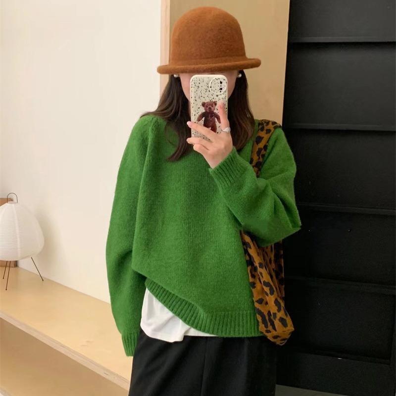 Autumn and Winter New Retro Soft Waxy Candy Color Crew Neck Pullover Sweater Women's Loose Lazy Knitted Sweater Top Thick