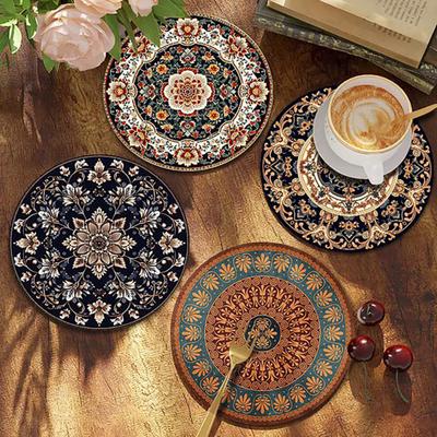 Bohemian Heat Resistant Placemats for Table Stain-Resistant Round Rubber Coasters Vintage Kitchen Dining Mats for Hot Dishes