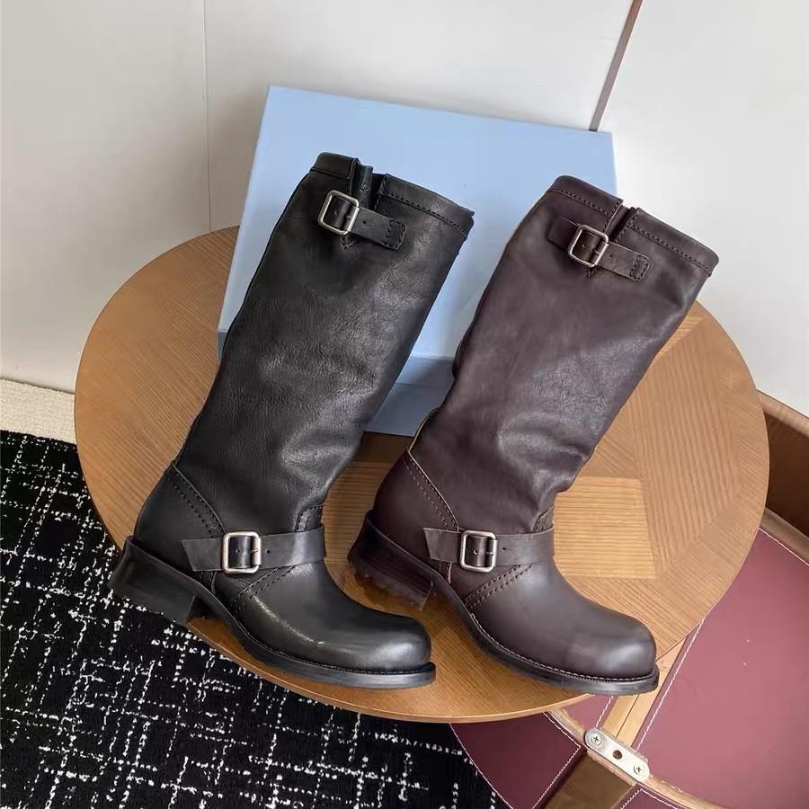 New leather French versatile retro round head flat-bottomed knight boots women's versatile comfortable casual boots
