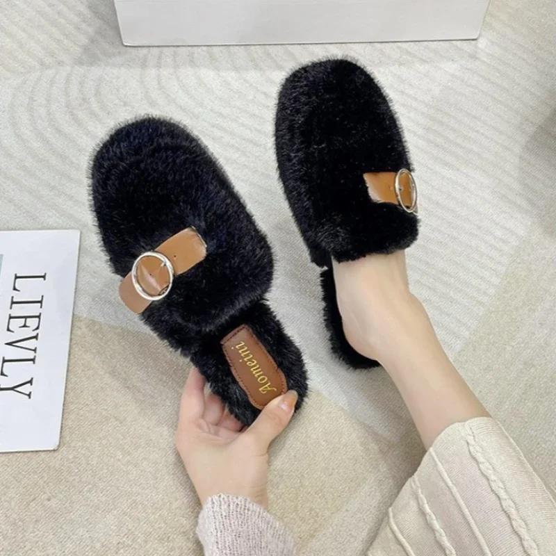 Slippers Casual Flock Med Shoes Platform Fur Flip Flops Cover Toe Slipers Women Slides Luxury Plush Flat 2024 Rubber  with fur