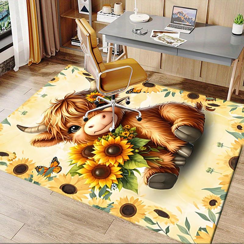 Highland Bull Theme Chair Mat: Cute Cow with Sunflowers Office Carpet Large Size, Home Decor, Sofa Rug, Gift for Office and Living Room