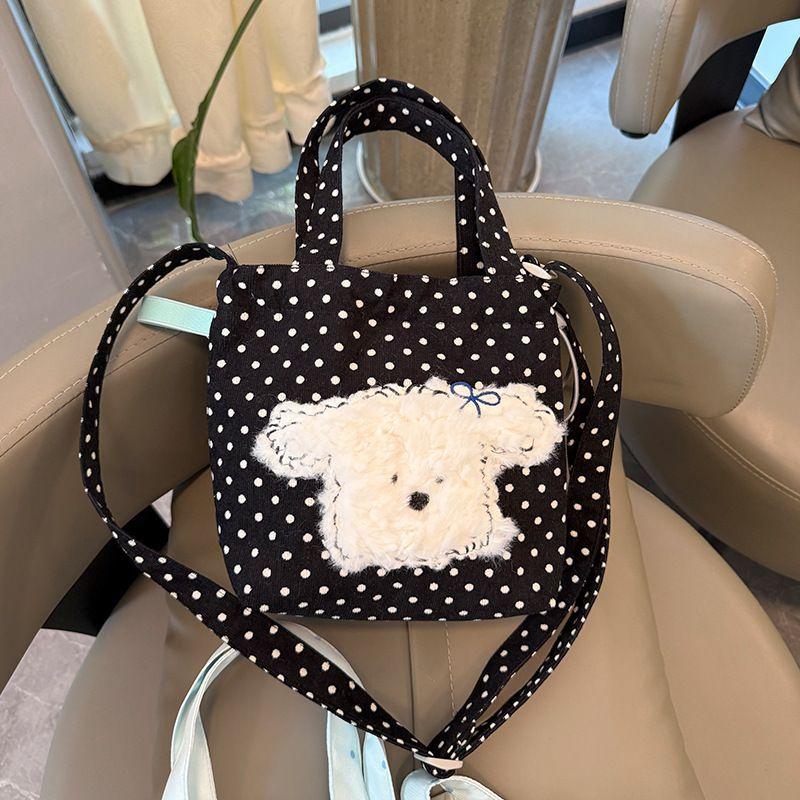 

Красная холщовая женская универсальная ручная корейская милая сумка-тоут для работы и отдыха, маленькая холщовая сумка, модная Blackwave Dot Mao Mao Dog Drawstring Messenger Bag