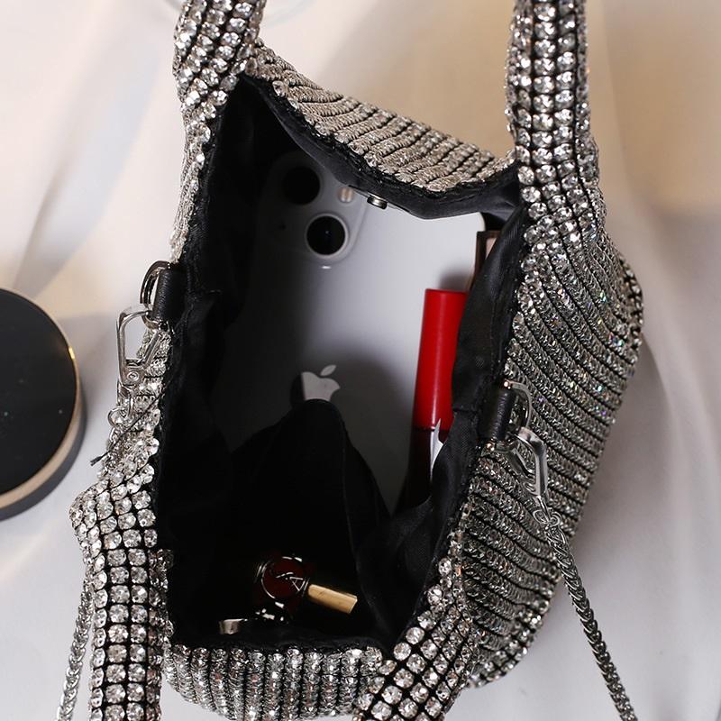 New Handmade Rhinestone Bucket Evening Bag Women Chain Crossbody Top Handle Vest Purse For Wedding Banquet Party