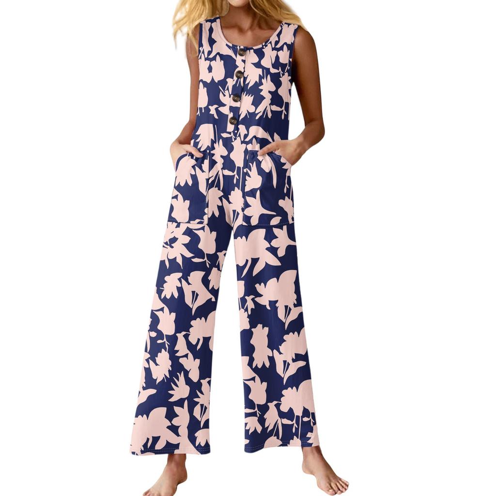 Women's Fashion Casual Button Sleeveless Jumpsuit Floral Flower Print Cotton Pocket Jumpsuit