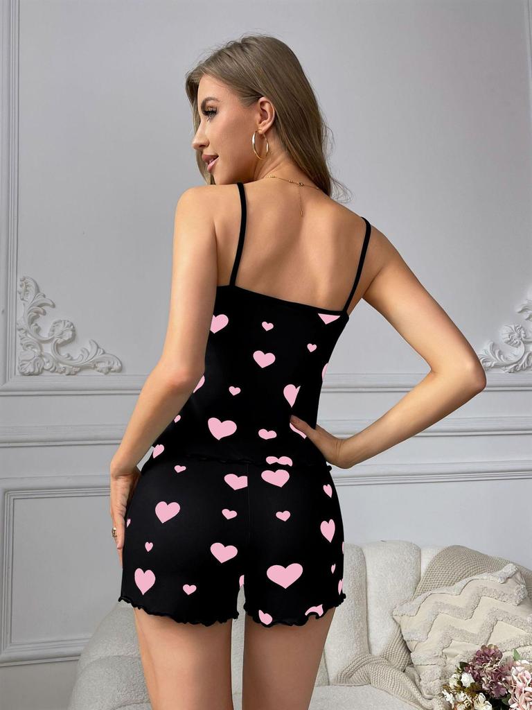 European & American Sexy Heart Print Camisole Pajama Set with Wave Edge Shorts for Women