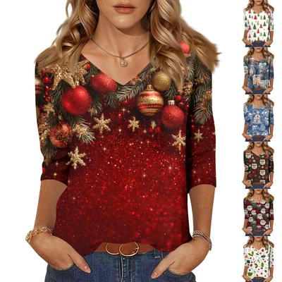 Tops de Mujer Camisa de Manga Tres Cuartos Cuello en V Camisa Casual Holgada Camiseta Estampada