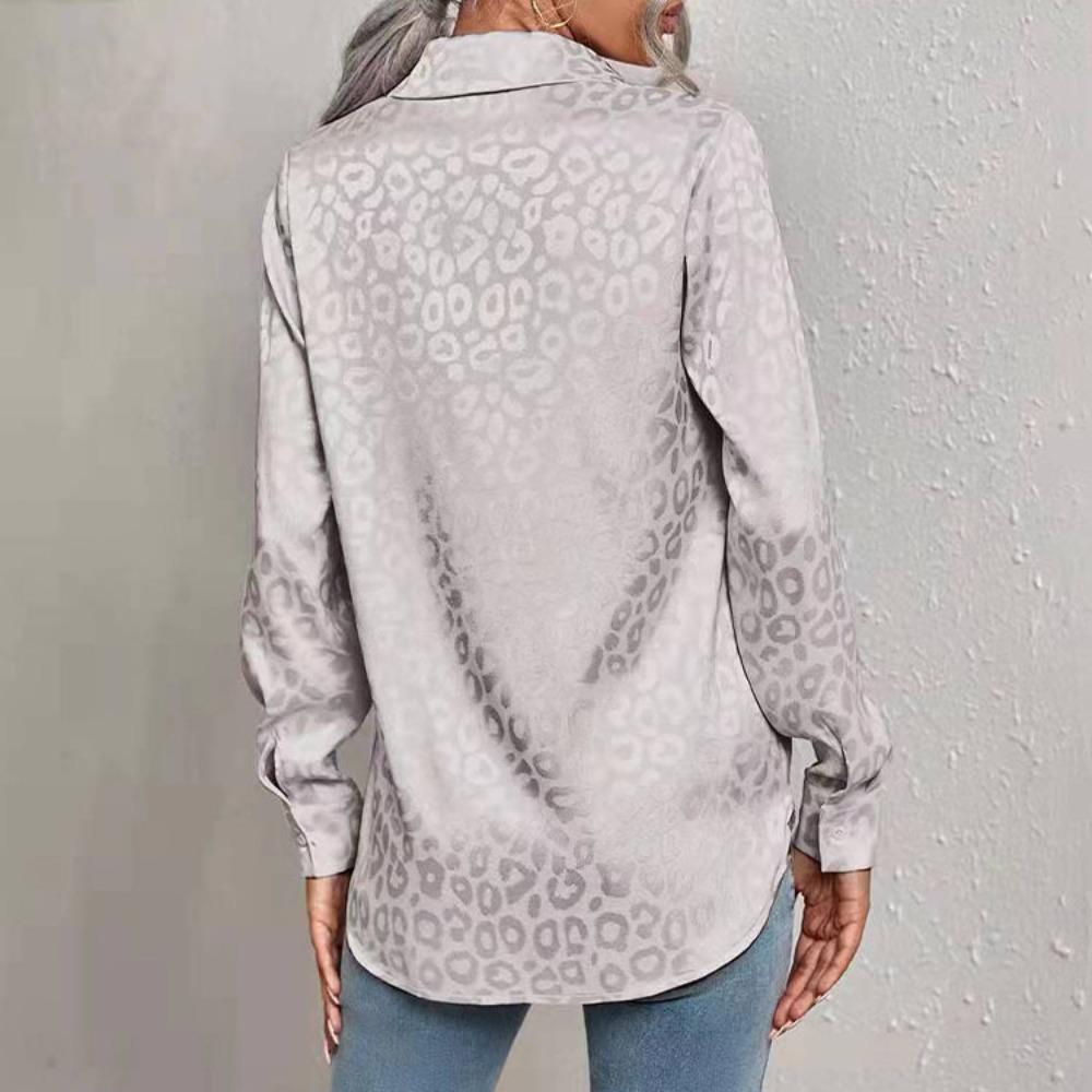 Women's Lapel Long Sleeve Shirt Loose Leopard Jacquard Satin Blouse For Spring Summer