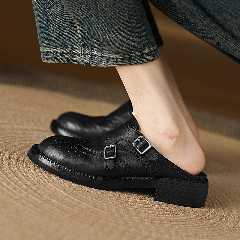Fashion 2025 New Genuine Leather Retro Loafers Woman Sandal Round Toe Slip-on Casual Shoes Spring Summer Shoes Outdoors Walk Shoes Woman