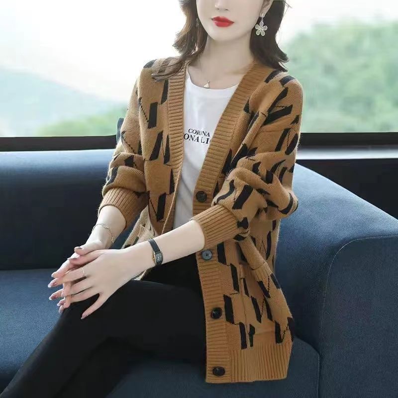 Herbst/Winter Damen Übergröße Strickjacke Pullover V-Ausschnitt Lockere Strickjacke Bedrucktes einreihiges Strickoberteil