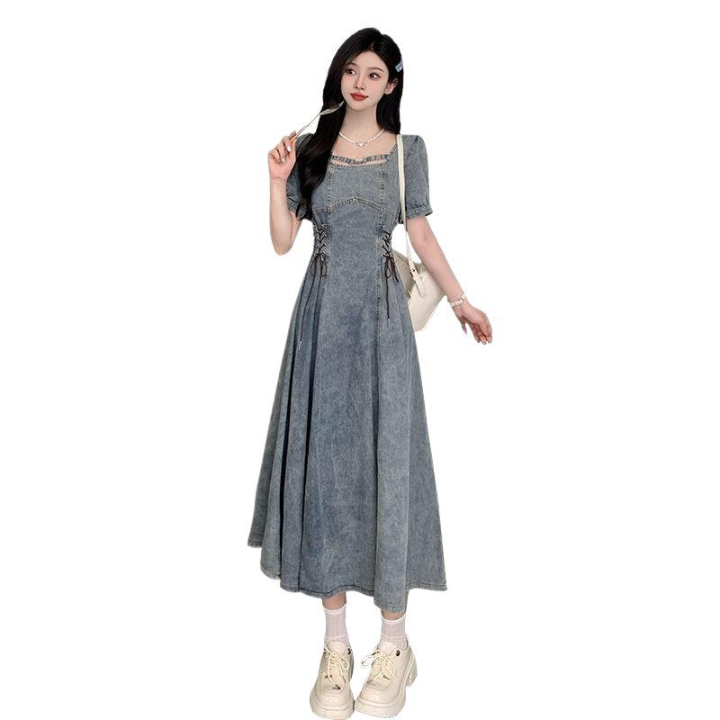 Flattering Plus Size French Square Neck Denim Puff Sleeve Summer Dress for Women