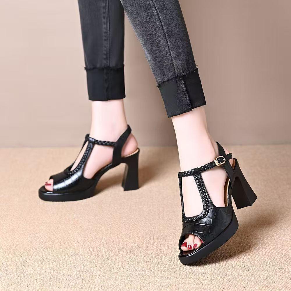 Black medium heel thick heel sandals women's summer 2025 thick sole fashion outer wear waterproof table fish mouth word with high heels women