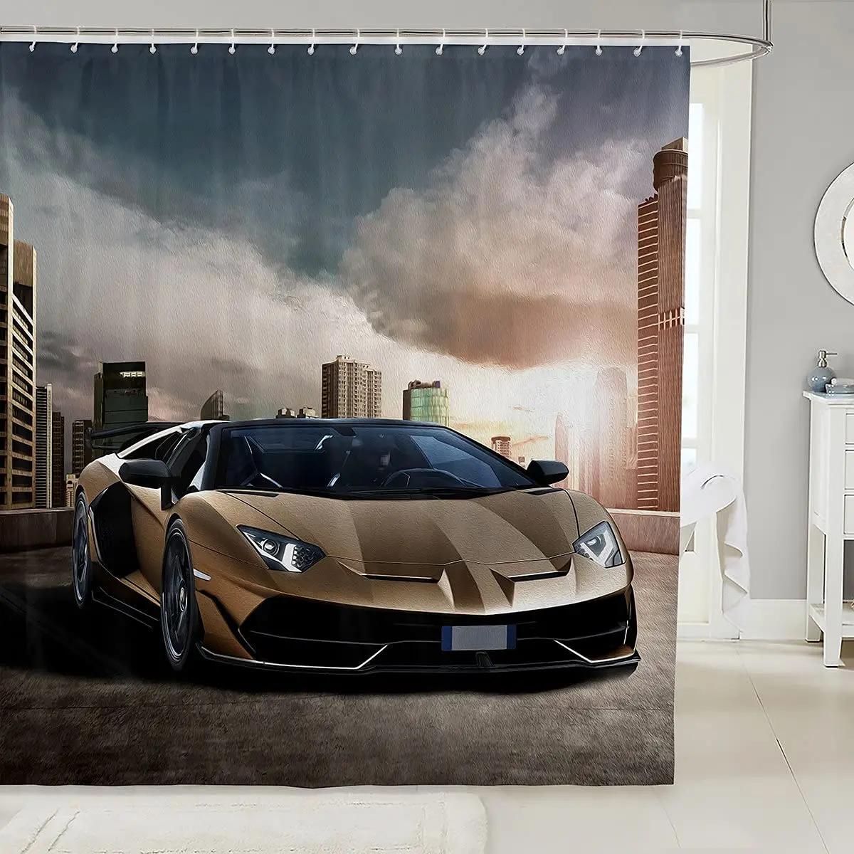 Home&Kitchen Accessories Light Race Car Shower Curtain Fabric Bathroom Sports Car Shower Curtains Cool Automobile Speed Racing Car Shower Curtain Waterproof