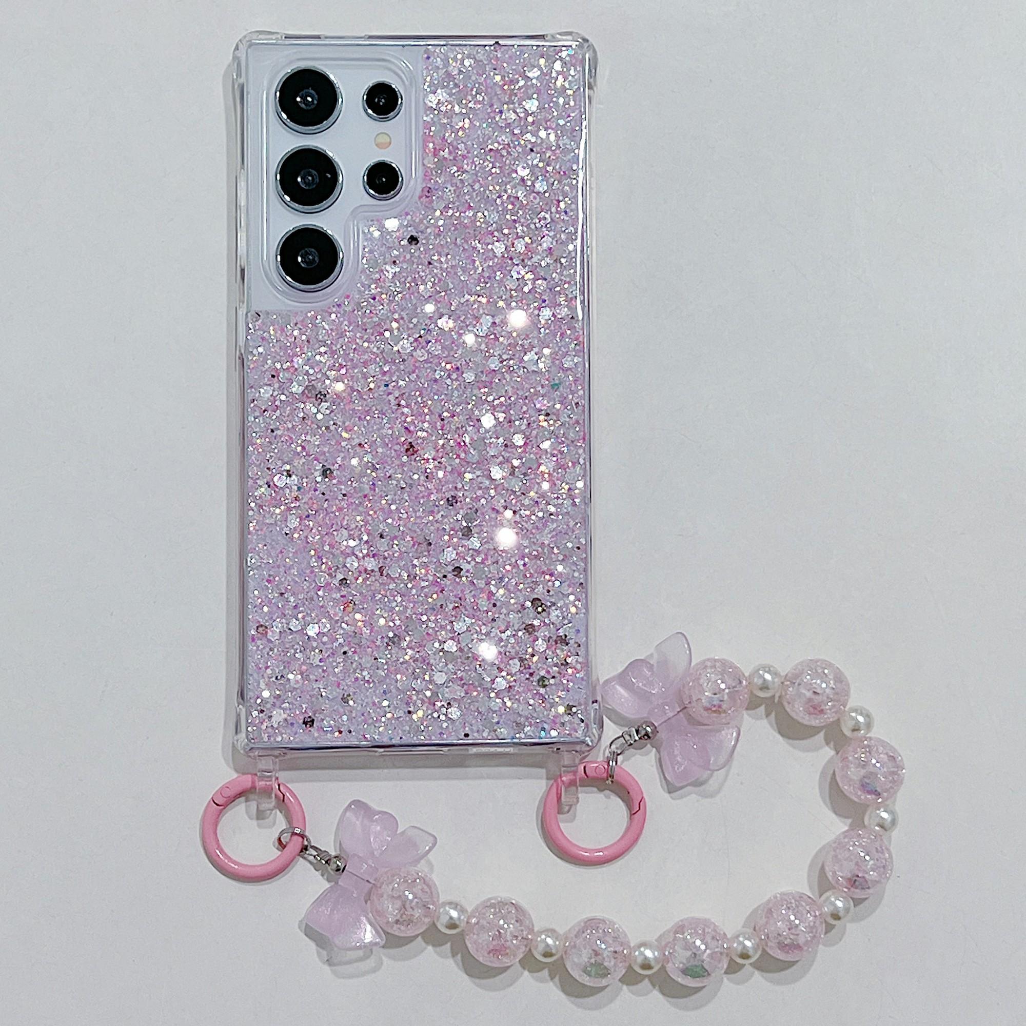 

For Samsung Galaxy S24 Ultra Case Glittery Powder Acrylic+TPU Phone Cover with Beaded Hand Strap Pink