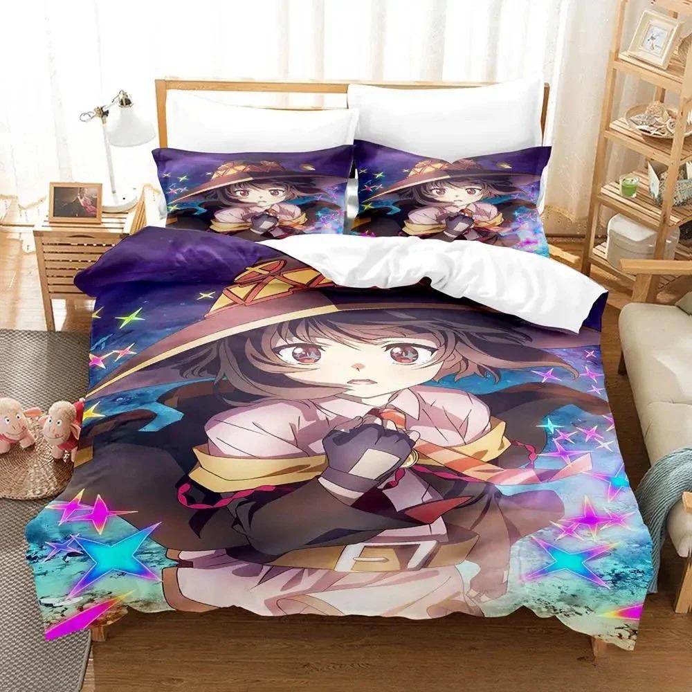 Trendy Lightweight King KonoSuba Cartoon Anime Three Piece Adult Kid Bedroom Sets 3D Print Kawaii Girls Size Bed Quilt