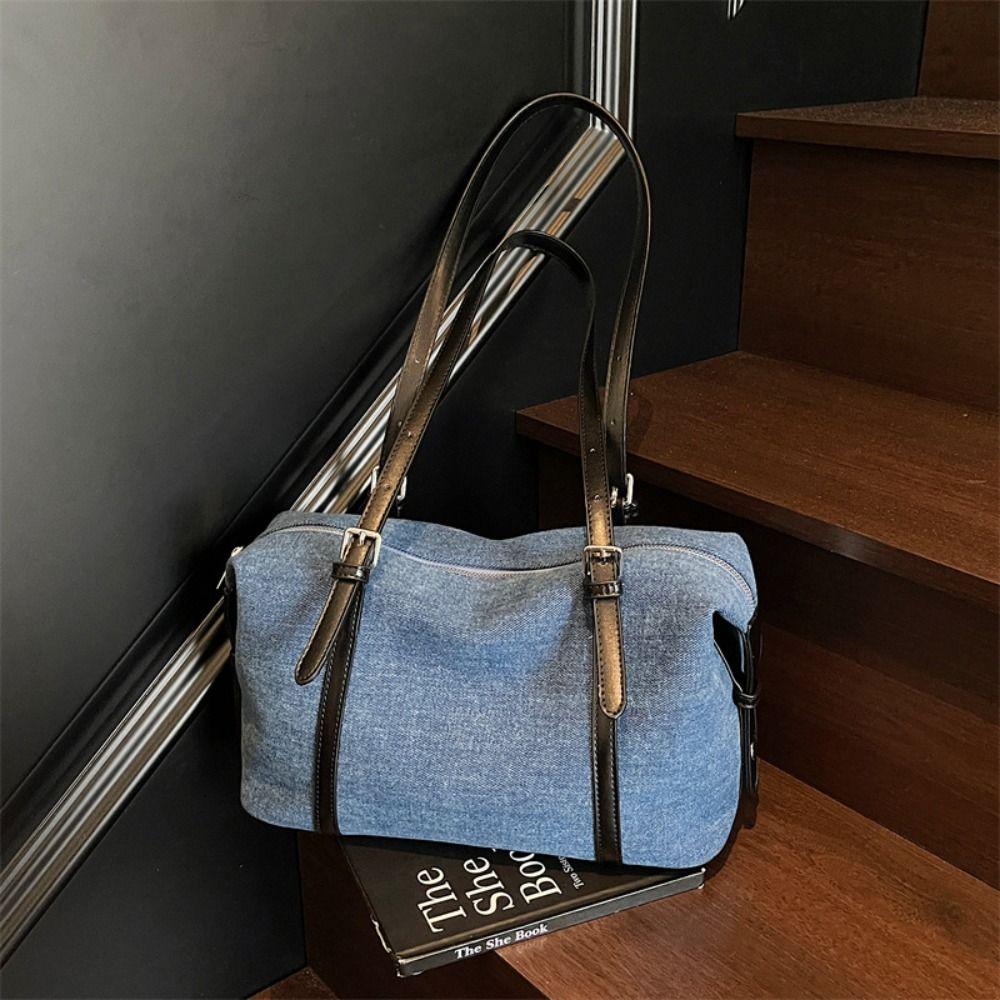 Solid Color Denim Tote Bag Korean Style Underarm Packs Cute Large Capacity Handbag  Women