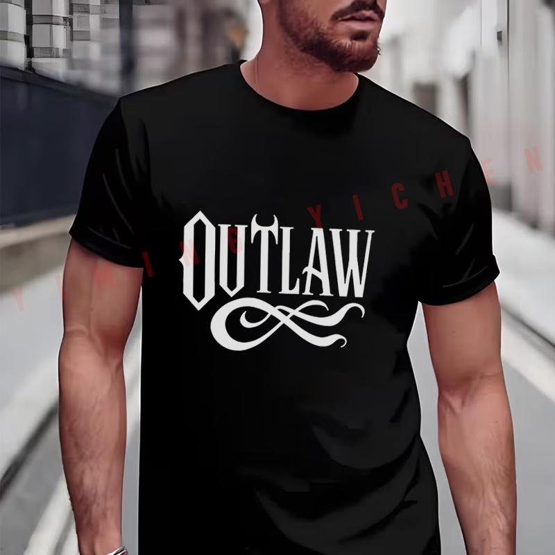 Monochrome OUTLAW Pattern Moto T-Shirt Men Summer Hip Hop Streetwear Unisex Casual Short Sleeve