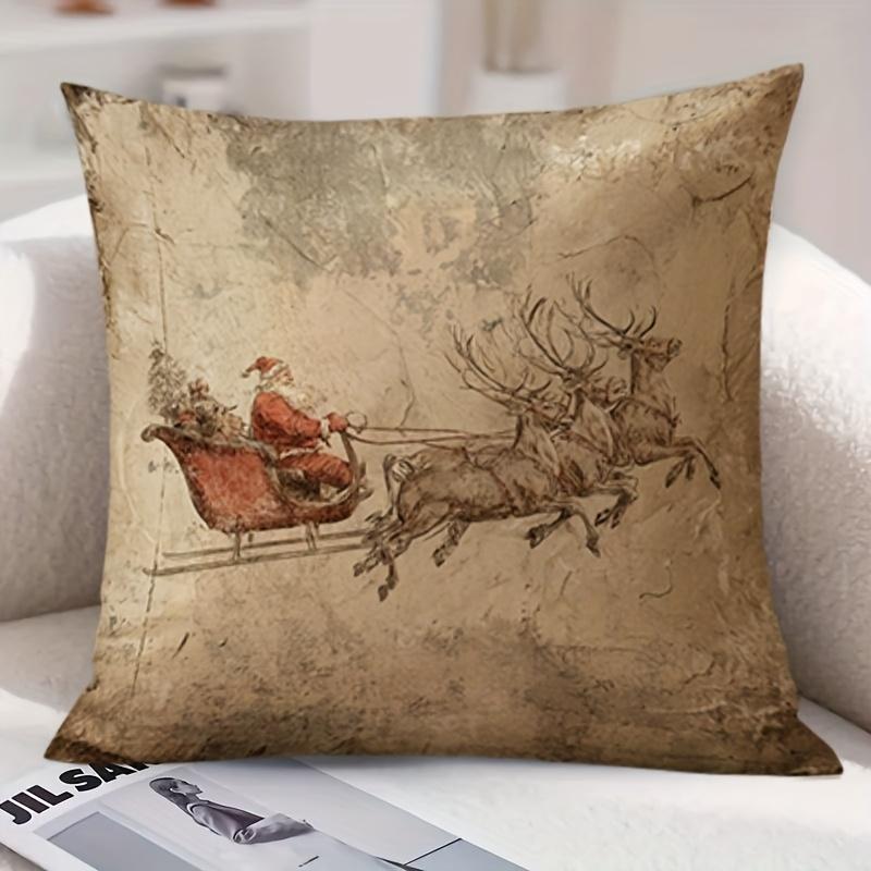 1pc Double-Sided Printed Throw Pillow Cover - Vintage Santa Claus Sleigh and Reindeer Plush Pillowc