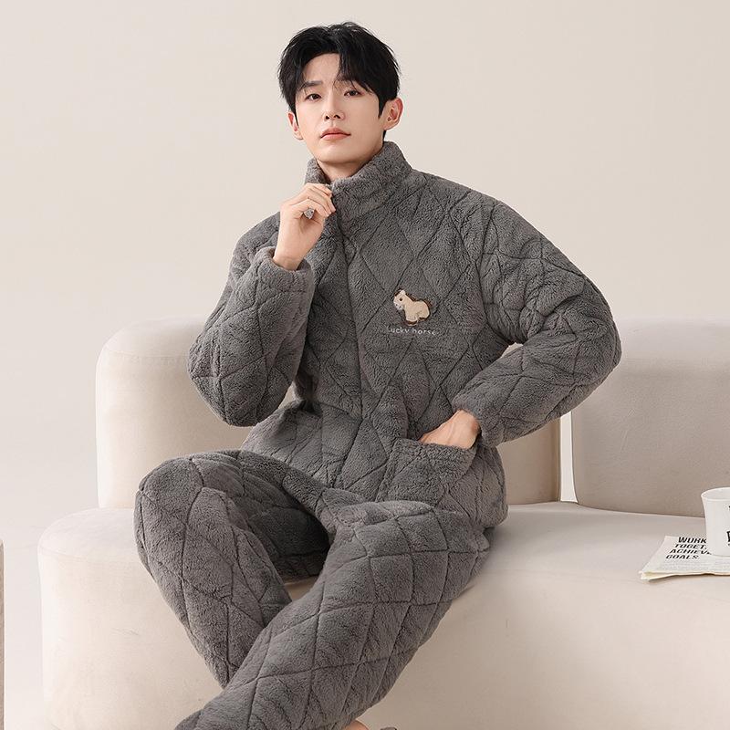 Pajamas Men'S Winter Velvet Winter Warm Three-Layer Thickened Padded Jacket Coral Fleece Loungewear Set Winter