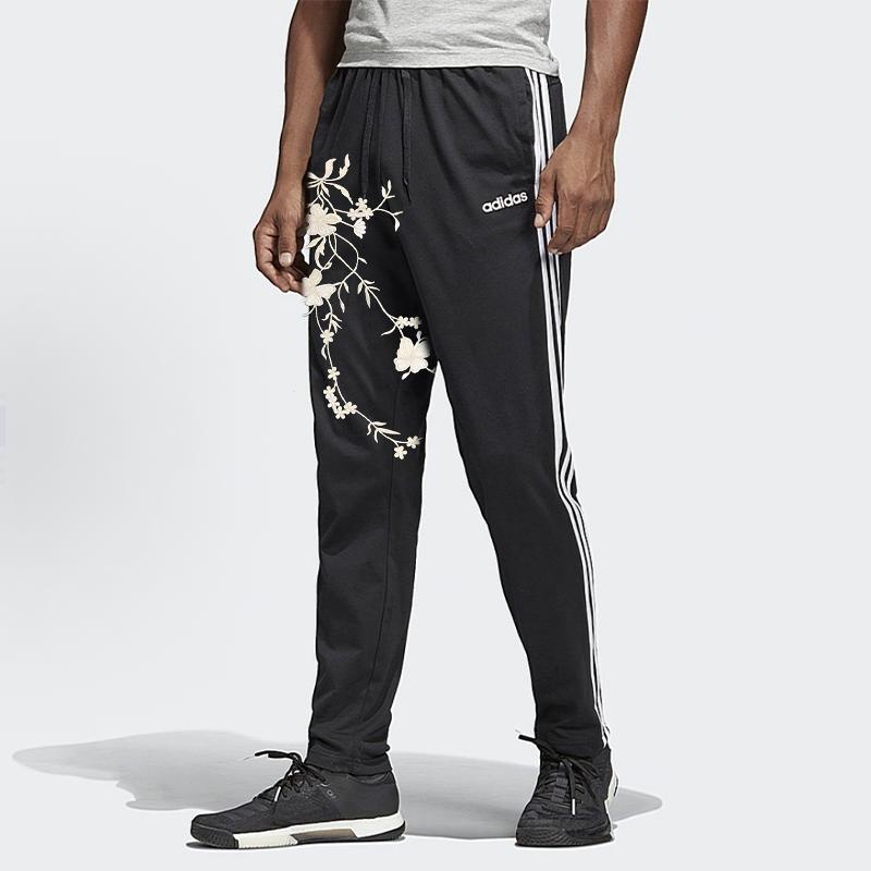 Adidas New Chinese Style Floral Embroidery Outdoor Versatile Side Stripe Vintage Knitted Sports Pants Unisex Pants Black DU0456(TEAM702-DU6)