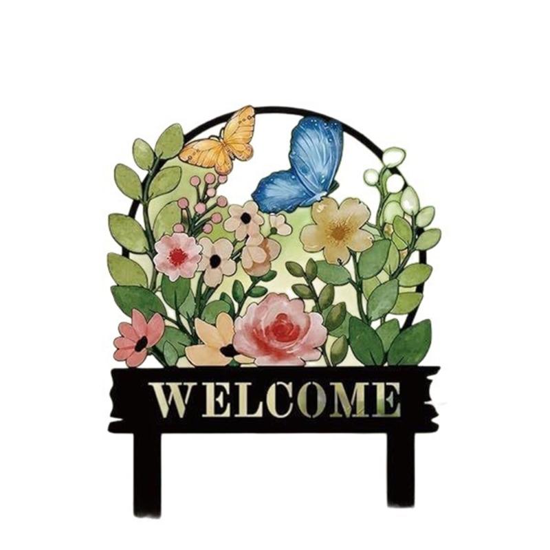 Iron Garden Welcome Sign with Twin-Pointed Soil Insert, Outdoor Metal Stake for Yard, Lawn and Flower Bed Placement Display Use at Home