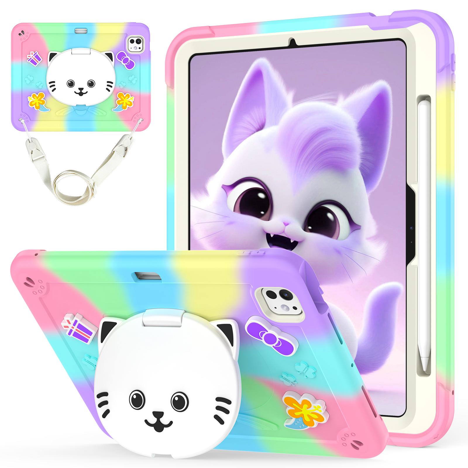

For iPad Pro 11 (2025)/11 (2024) Case PC + Silicone Colorful Tablet Cover with Cat Kickstand/Shoulder Strap