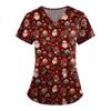 Ladies' Fashionable V-neck Pocket Short Sleeved Christmas Tree Printed Caregiver Shirt